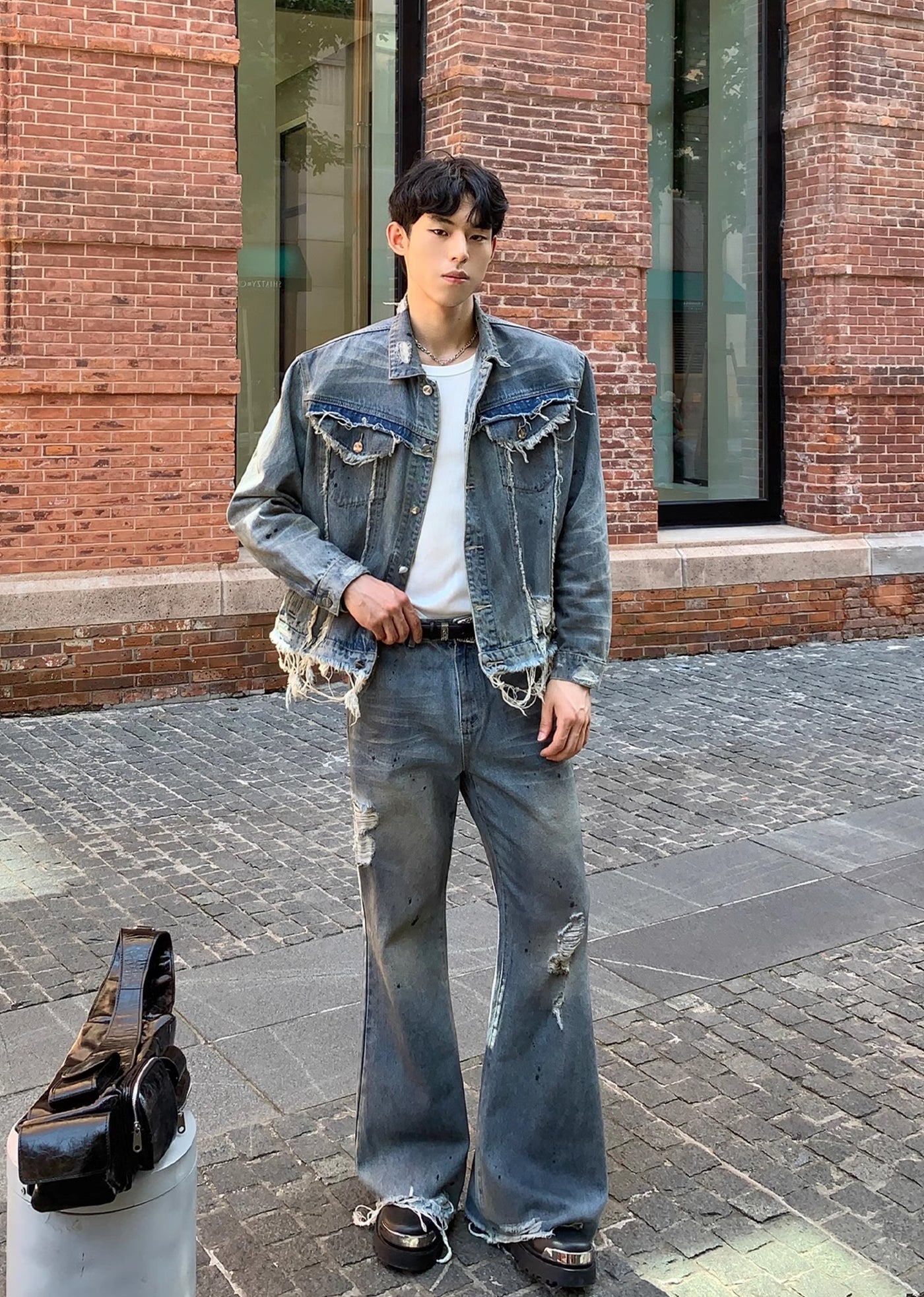 【CUIBUJU】Vintage faded washed distressed denim setup  CB0042