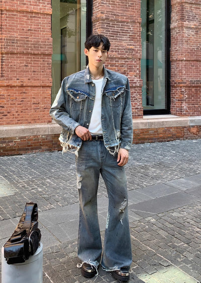 【CUIBUJU】Vintage faded washed distressed denim setup  CB0042