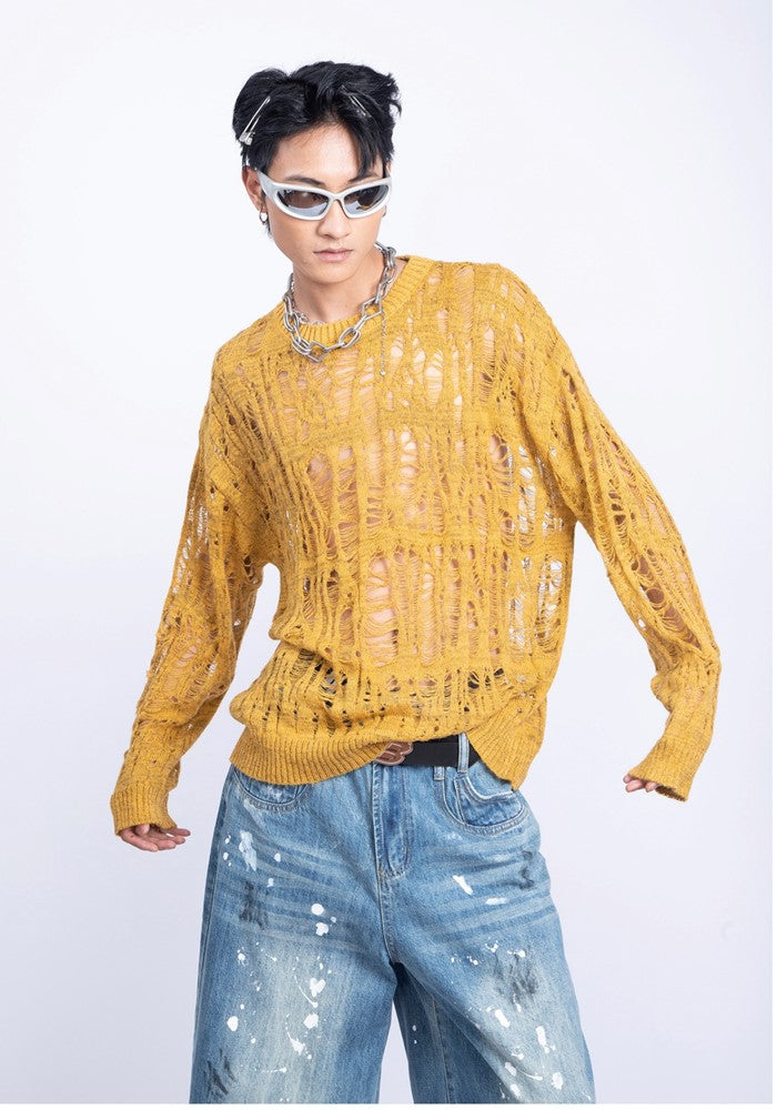 【PLAN1ONE】Mesh-like fully distressed accent fleur knit sweater  PL0044