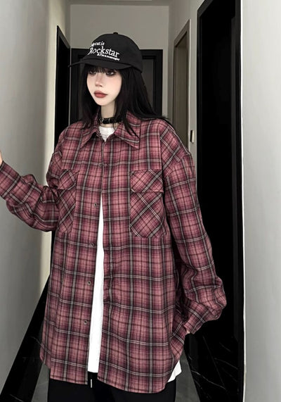 【W3】Basic dark color check pattern design long sleeve shirt  WO0085