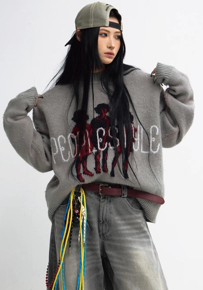 【People Style】Front art design initial logo just knit sweater  PS0048