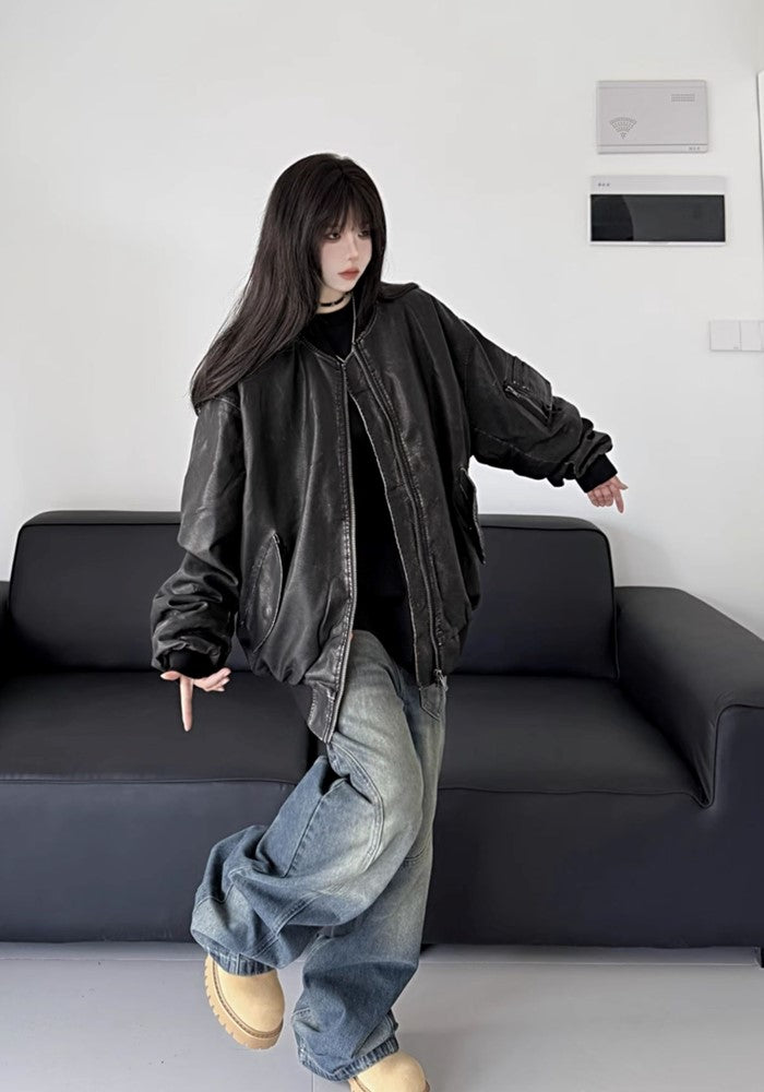 【W3】High-level glossy design black inner color leather jacket  WO0079