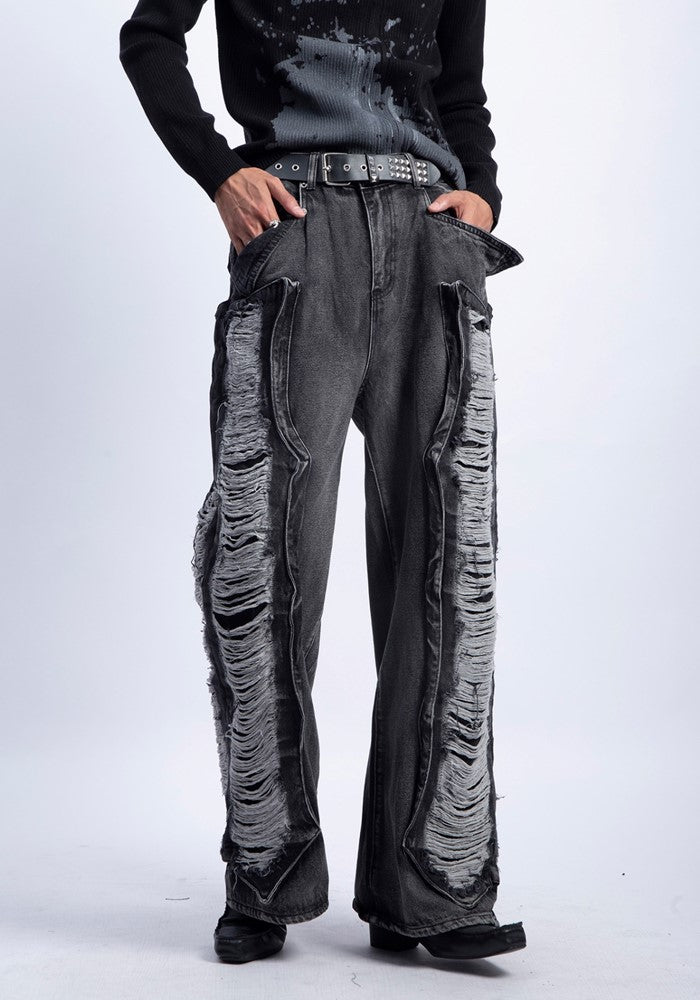 【PLAN1ONE】Side damage processing gimmick design wide straight denim pants  PL0038