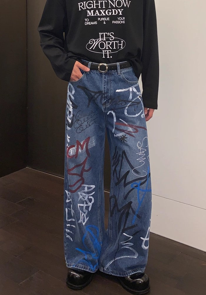 【CUIBUJU】Countless graffiti design casual street wide denim pants  CB0052