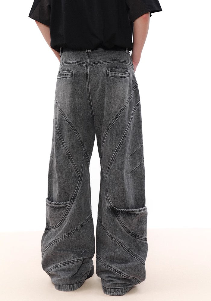 【MR nearly】Wavy gray design color wide silhouette denim pants  MR0124