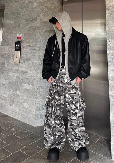 【MARTHENAUT】Dark monotone camouflage color design wide cargo pants  MH0039