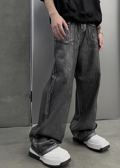 【SOULWORKER】Dark grey glossy design wide flare style denim pants  SW0030