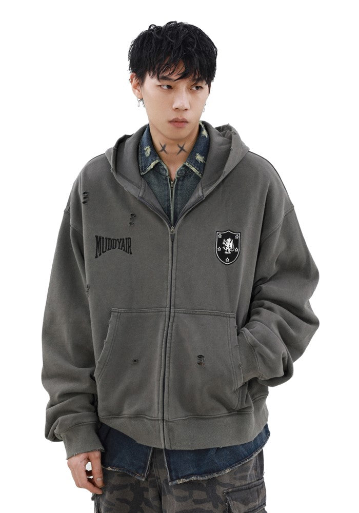 【MR nearly】Dull base color mid-length design damaged full zip hoodie  MR0142