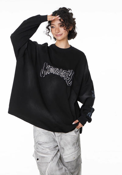 【H GANG X】Grunge wash initial design wiper long sleeve T-shirt  HX0085