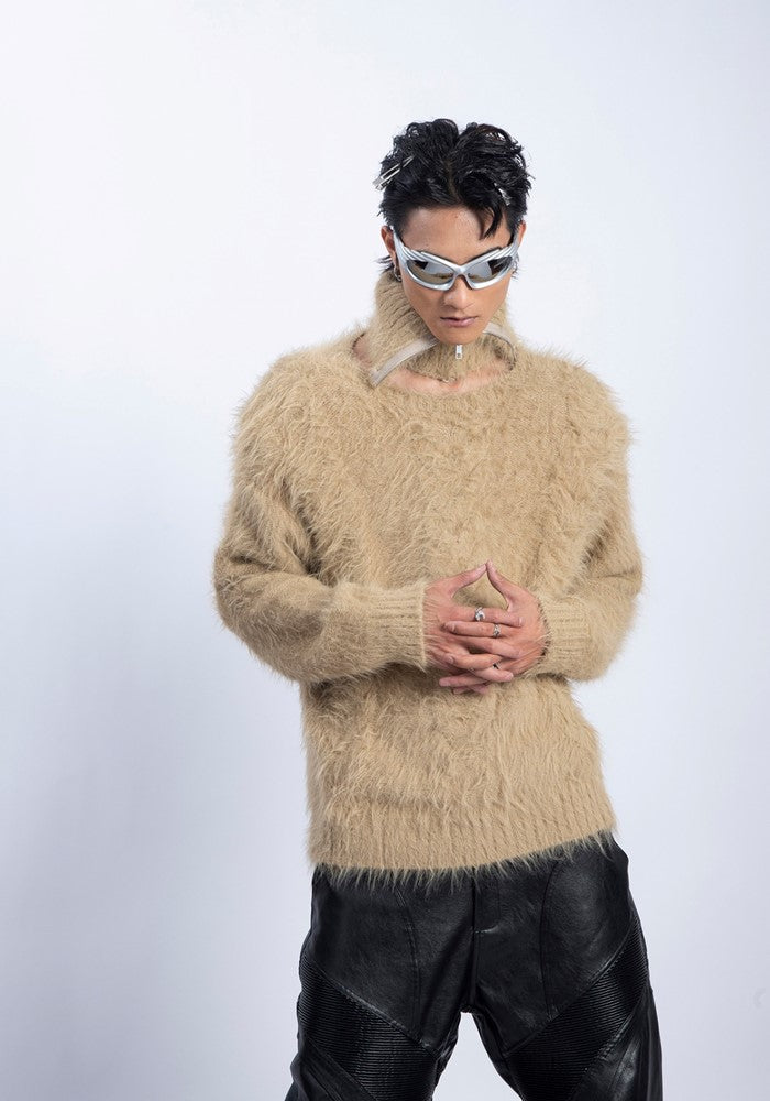 【PLAN1ONE】Mohair-like soft design dull color base knit sweater  PL0048