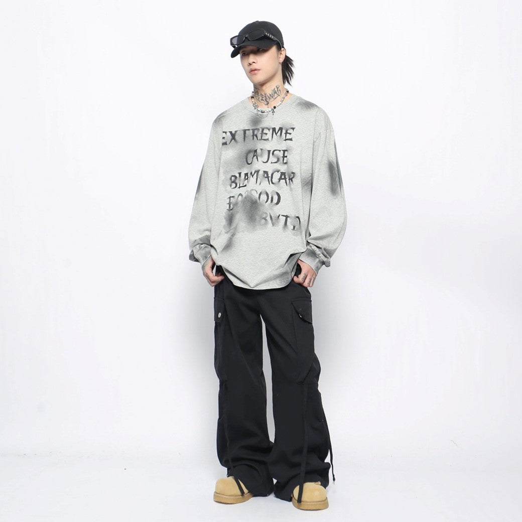 【Mz】Random wash front initial design over long sleeve T-shirt  MZ0049