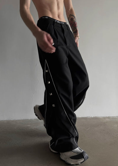 [SOULWORKER] Side line and patch design monochrome wide pants SW0012