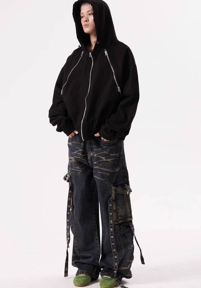 【BTSG】Double-washed gimmick suspender cargo denim pants  BS0033