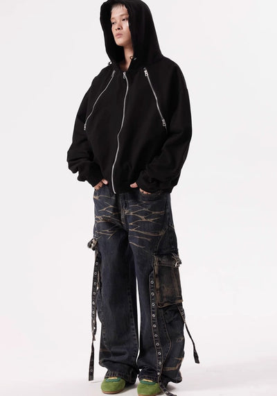 【BTSG】Double-washed gimmick suspender cargo denim pants  BS0023