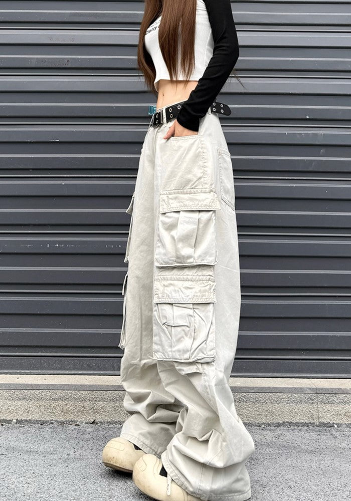 【W3】Double pocket wide silhouette base muted color cargo pants  WO0082