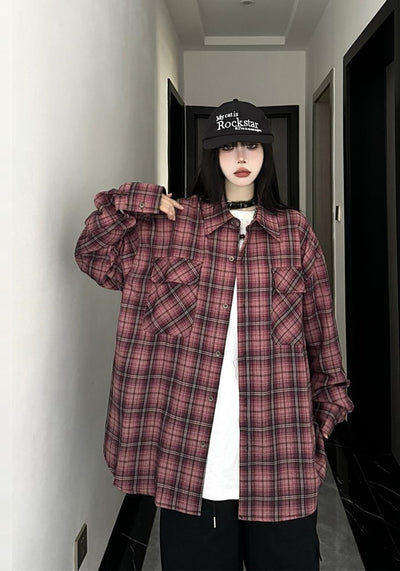 【W3】Basic dark color check pattern design long sleeve shirt  WO0085