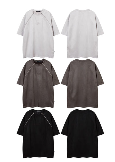 【76street】Dull one-point logo design shoulder zipper short sleeve T-shirt  ST0007