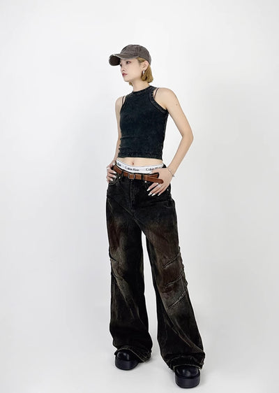 [4/29 New] Double claw mark design grunge rust color wide denim pants HL3039