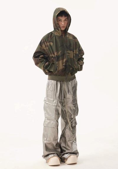 【BTSG】Metallic silver glossy design wide over cargo pants  BS0043