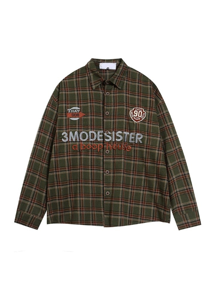 【H GANG X】College logo design American casual style over check long sleeve shirt  HX0093