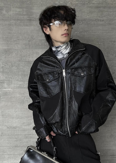 【SOULWORKER】Black Gimmick Leather Wide Full Zip Jacket Outerwear  SW0019