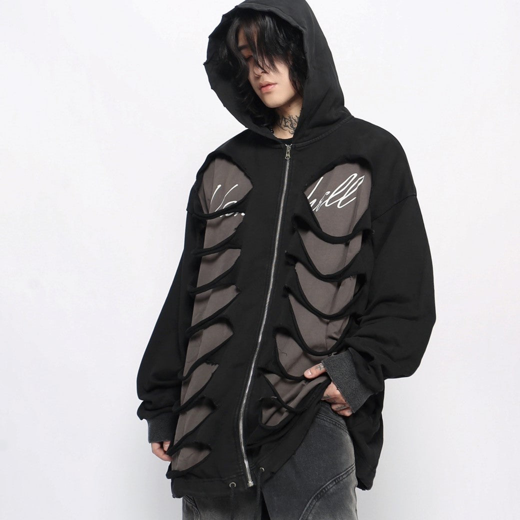 【Mz】Double layer bone-like gimmick design damage wide hoodie  MZ0037