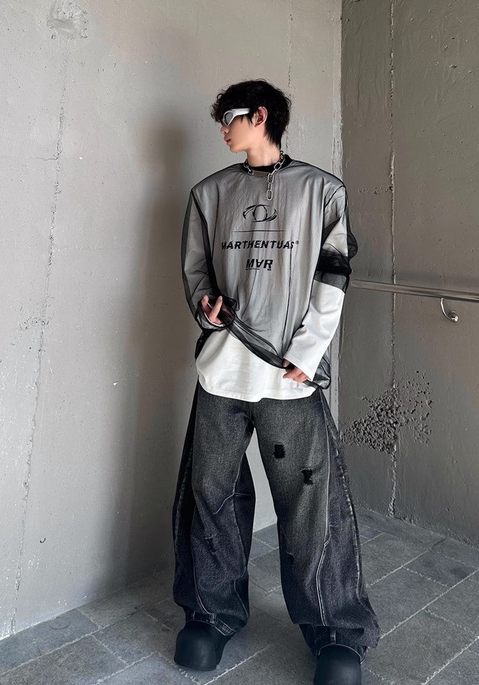 【MARTHENAUT】Double fabric design two-style see-through long sleeve T-shirt  MH0041