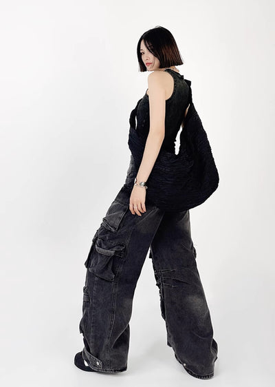 【4/29新作】Countless pocket design dull color wide bold denim pants  HL3040