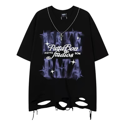【NIHAOHAO】Big front initial print distressed short-sleeved T-shirt  NH0232