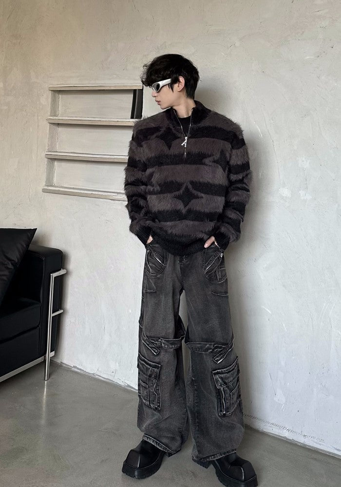 【MARTHENAUT】Monotone style half zip border star knit sweater  MH0046