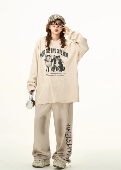 【H GANG X】Front cat design dull base color wash long sleeve T-shirt  HX0063