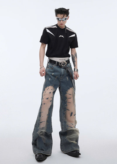 【Culture E】Translucent knee-cut design mid-flare wide silhouette denim pants  CE0117