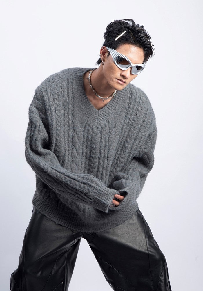 【PLAN1ONE】Simple baseline design V-neck silhouette knit sweater  PL0050