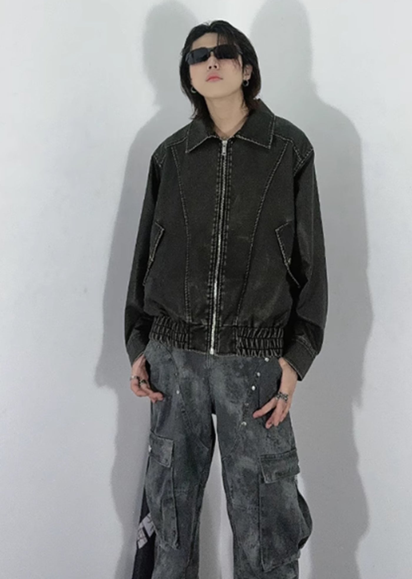 【76street】Vintage processing design simple black leather jacket  ST0004