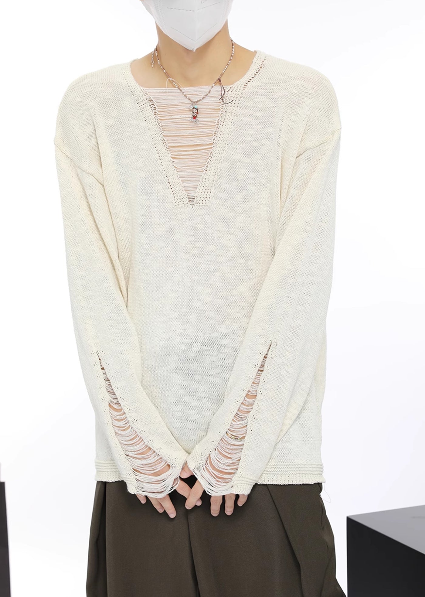 【Future Boy】Point mid-length frayed distressed loose style knit sweater  FB0004