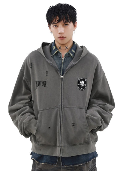 【MR nearly】Dull base color mid-length design damaged full zip hoodie  MR0142