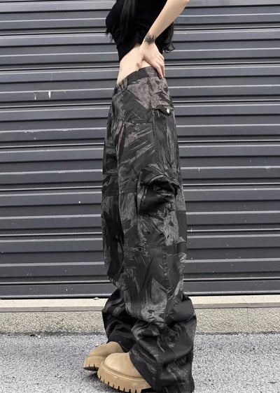 【W3】Dark camouflage design wide straight silhouette pants  WO0076