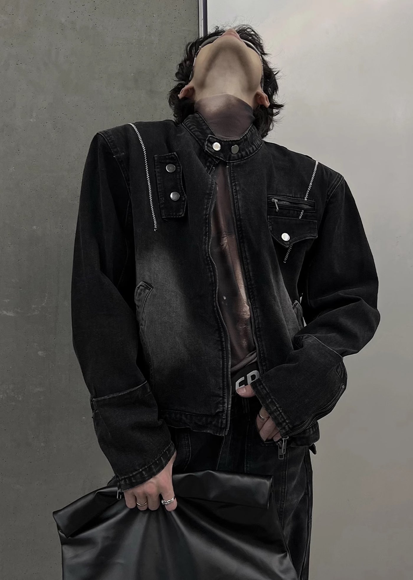 【SOULWORKER】Neck patch design band collar silhouette denim jacket  SW0031