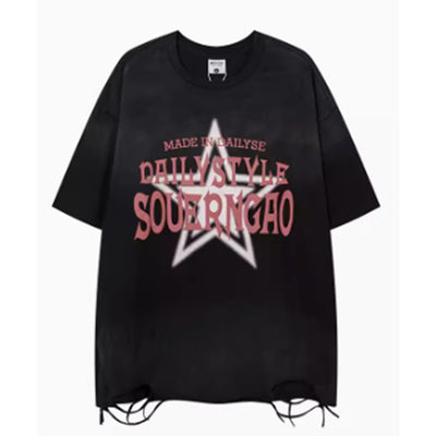 【NIHAOHAO】Grunge star pattern design mid-distressed short-sleeved T-shirt  NH0130
