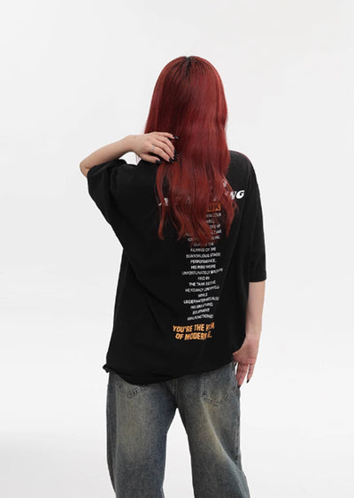 【Apocket】Distorted illustration dark mode flame short sleeve T-shirt  AK0022