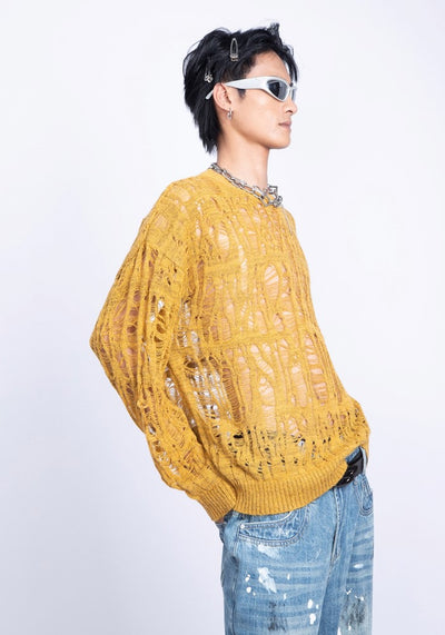 【PLAN1ONE】Mesh-like fully distressed accent fleur knit sweater  PL0044