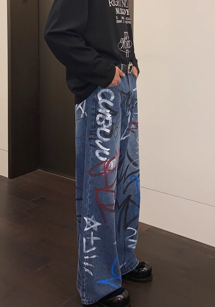 【CUIBUJU】Countless graffiti design casual street wide denim pants  CB0052