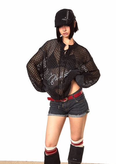 【BLACK BB】See-through design active style mesh long sleeve T-shirt  BK0026