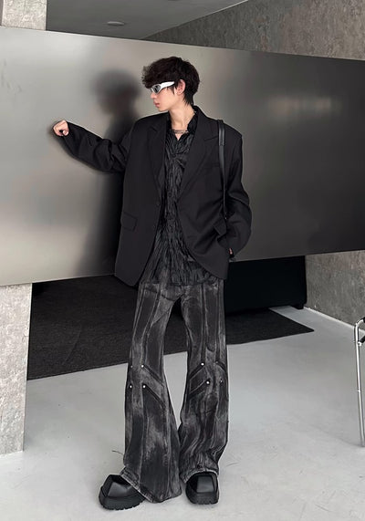 【MARTHENAUT】Random wash dark black flared wide denim pants  MH0043