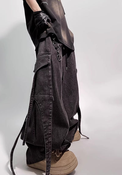 【UUCSCC】Side suspender design gimmick wide denim pants  US0068