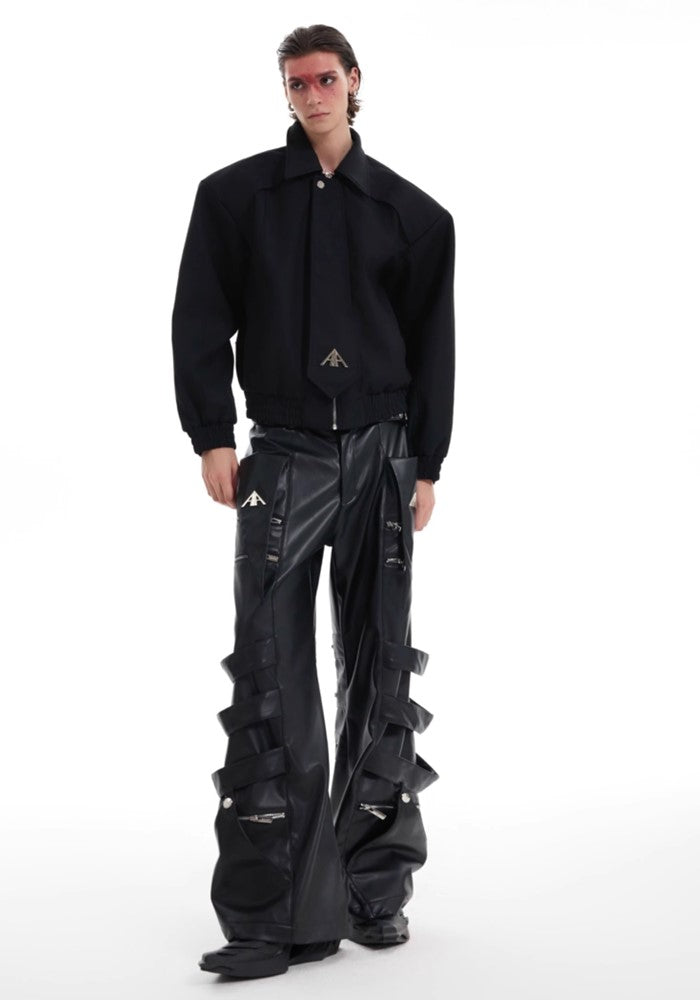 【Culture E】High-level gimmick silhouette leather design wide pants  CE0153