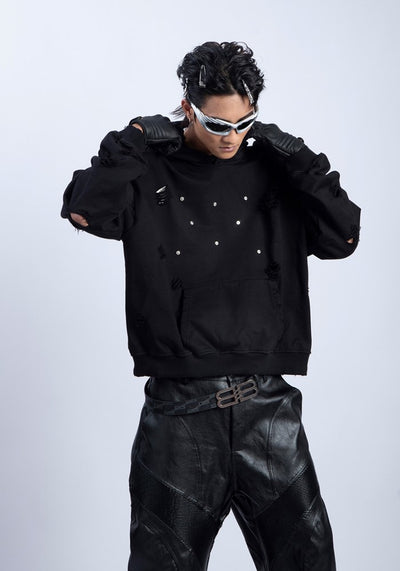 【PLAN1ONE】Front patch design mid-distressed hoodie  PL0041