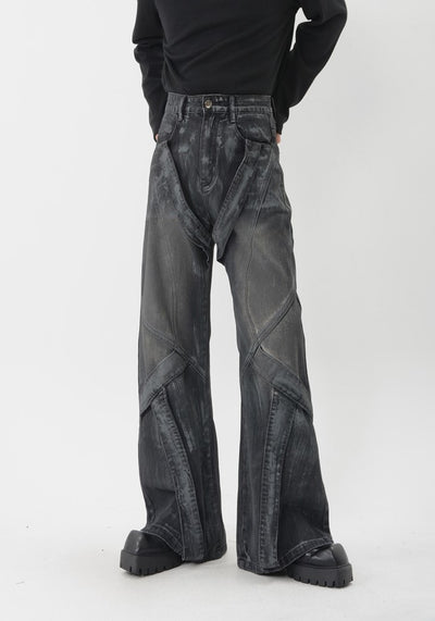 【LUCE GARMENT】Full line design dark dull design wide flare denim pants  LG0059