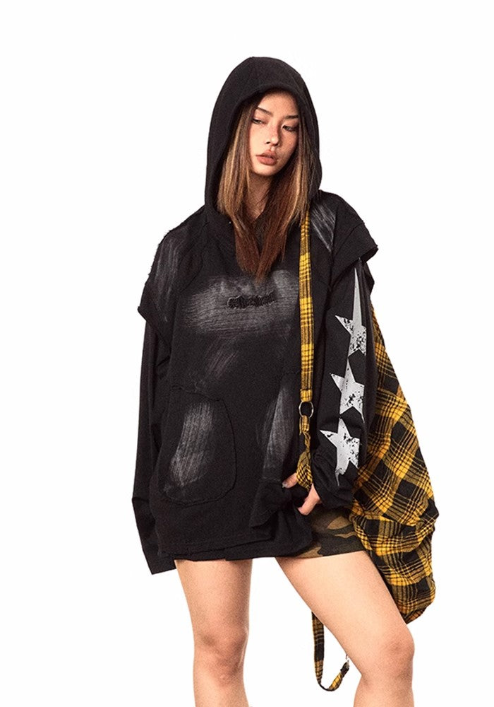 【BLACK BB】Dull wash street side star gimmick silhouette hoodie  BK0043