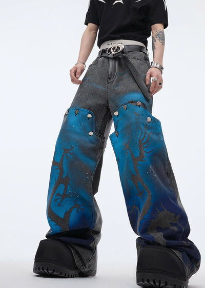 【Culture E】Blue flame design on hem area Brightly colored dull denim pants  CE0127